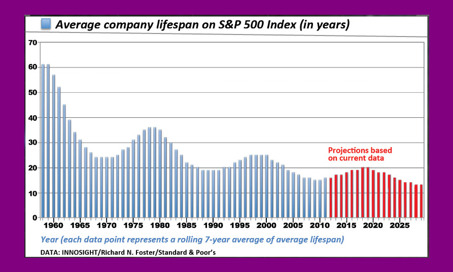 The average lifespan of companies in the S&P 500 Index was about 60 years in 1960. Today they last about 15-20 years. The average lifespan of companies in the S&P 500 Index was about 60 years in 1960. Today they last about 15-20 years.