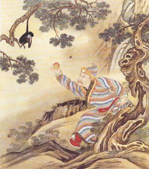 The emperor is not above sharing fruit with a monkey. The emperor is not above sharing fruit with a monkey.