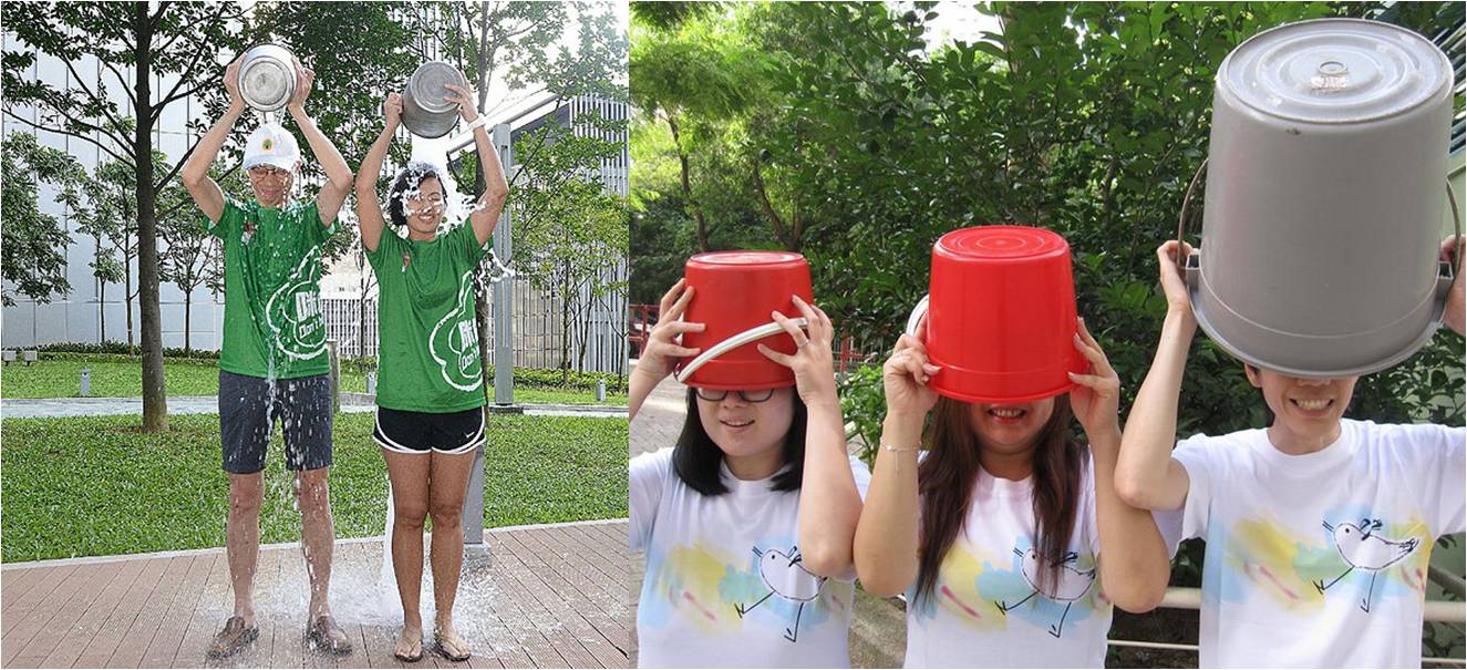 Environment secretary KS Wong and political assistant Michelle Au show an environmental friendly way to take the ice-bucket challenge as they use collected rain water and rice water from restaurants. (Left). The picture on the right shows the staff of the Environment secretary KS Wong and political assistant Michelle Au show an environmental friendly way to take the ice-bucket challenge as they use collected rain water and rice water from restaurants. (Left). The picture on the right shows the staff of the