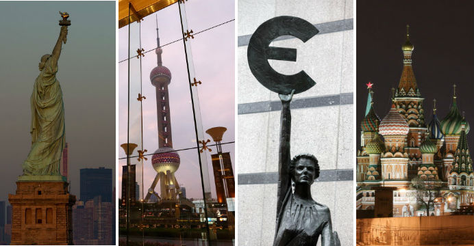 The world's economies can be divided into four groups, exemplified by the US, China, Europe and Russia. Photos: Bloomberg The world's economies can be divided into four groups, exemplified by the US, China, Europe and Russia. Photos: Bloomberg