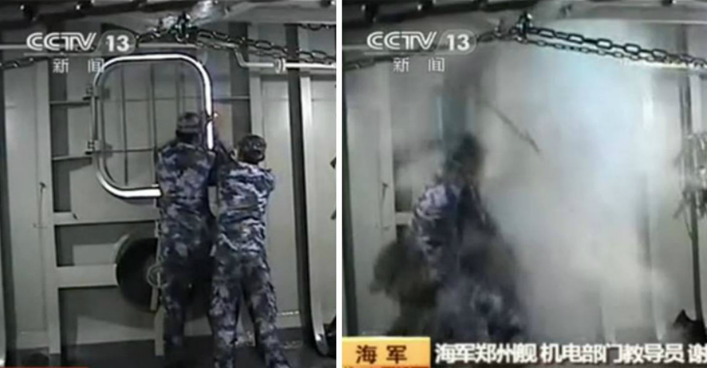 Crew members struggle to close a hatch door on a Chinese military ship during an exercise late last year, according to footage aired by CCTV Monday. Photo: sina.com Crew members struggle to close a hatch door on a Chinese military ship during an exercise late last year, according to footage aired by CCTV Monday. Photo: sina.com