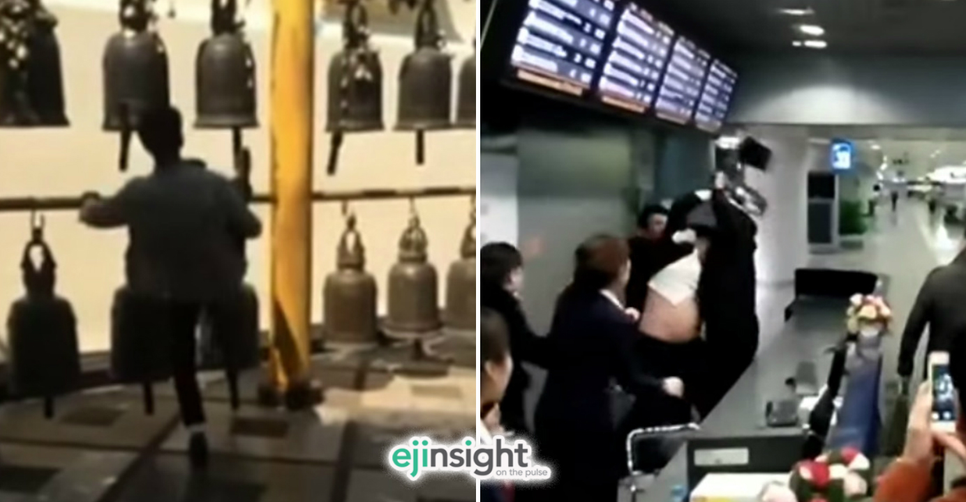 A Chinese tourist (left) rings a bell with his foot in a temple, and another fights with staff at an airport counter. Photos: YouTube A Chinese tourist (left) rings a bell with his foot in a temple, and another fights with staff at an airport counter. Photos: YouTube
