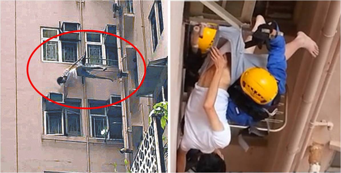 The man hangs precariously from an air-conditioner support after jumping off his 11th-floor flat in North Point. Photo: Apple Daily The man hangs precariously from an air-conditioner support after jumping off his 11th-floor flat in North Point. Photo: Apple Daily