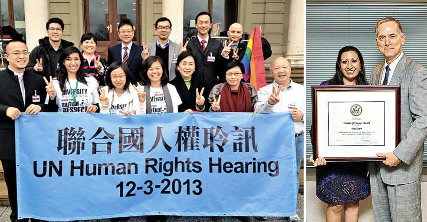 Puja (send from left) testified before the United Nations Human Rights Committee on the race discrimination in Hong Kong’s education sector. She was granted The International Women of Courage Award (R). Photo: HKEJ Puja (send from left) testified before the United Nations Human Rights Committee on the race discrimination in Hong Kong’s education sector. She was granted The International Women of Courage Award (R). Photo: HKEJ