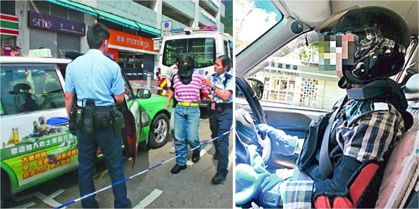 Shum, stripped of her assault gear, is escorted by an officer after her arrest. She is shown at right in a Facebook post uploaded by a netizen. Photos: Apple Daily, Facebook Shum, stripped of her assault gear, is escorted by an officer after her arrest. She is shown at right in a Facebook post uploaded by a netizen. Photos: Apple Daily, Facebook