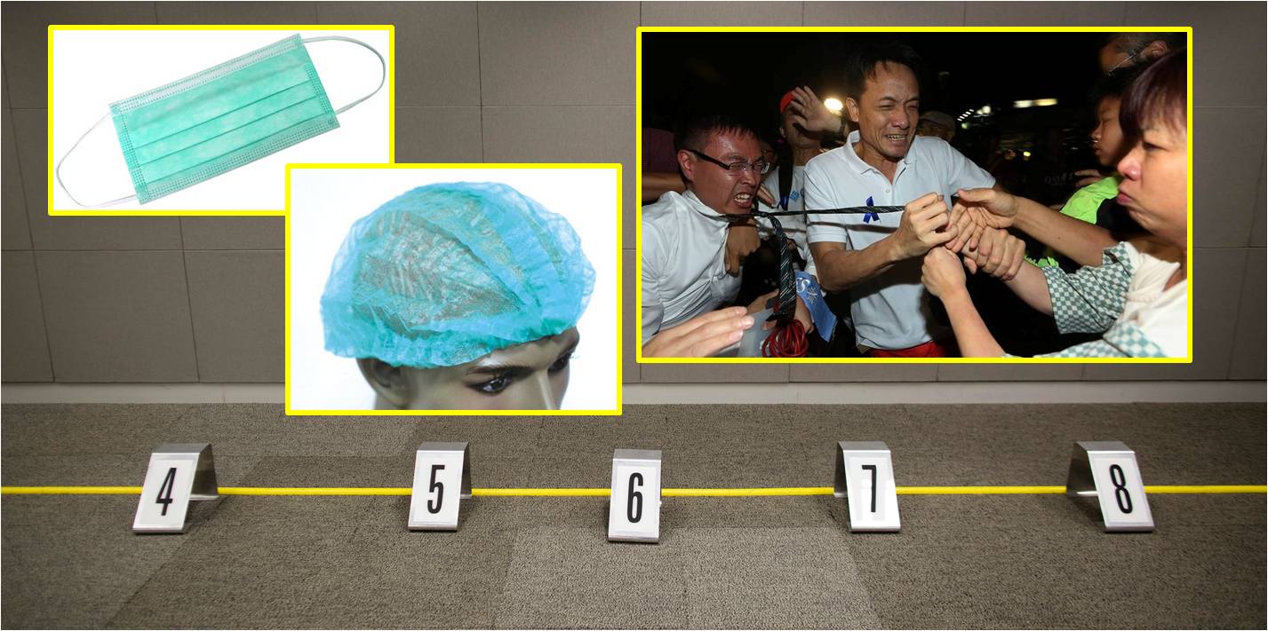 Unidentified pull journalist Sin Chi's necktie (inset). At lest are a face mask and a shower cap similar to the ones used by suspects during a police lineup. Photos: Bloomberg, Facebook, internet Unidentified pull journalist Sin Chi's necktie (inset). At lest are a face mask and a shower cap similar to the ones used by suspects during a police lineup. Photos: Bloomberg, Facebook, internet