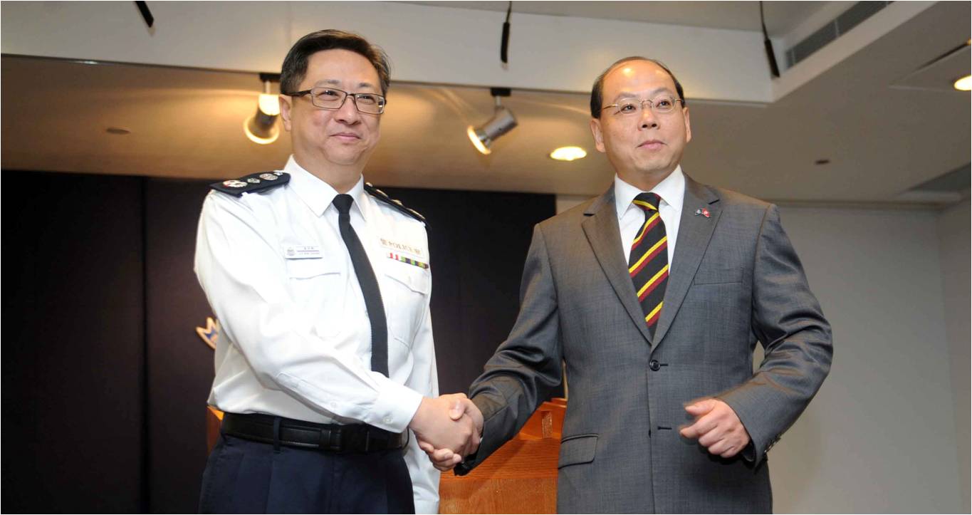 Stephen Lo (left) and Andy Tsang appear together at a media event marking the handover of the top job in the Hong Kong police force. Photo: CNSA Stephen Lo (left) and Andy Tsang appear together at a media event marking the handover of the top job in the Hong Kong police force. Photo: CNSA