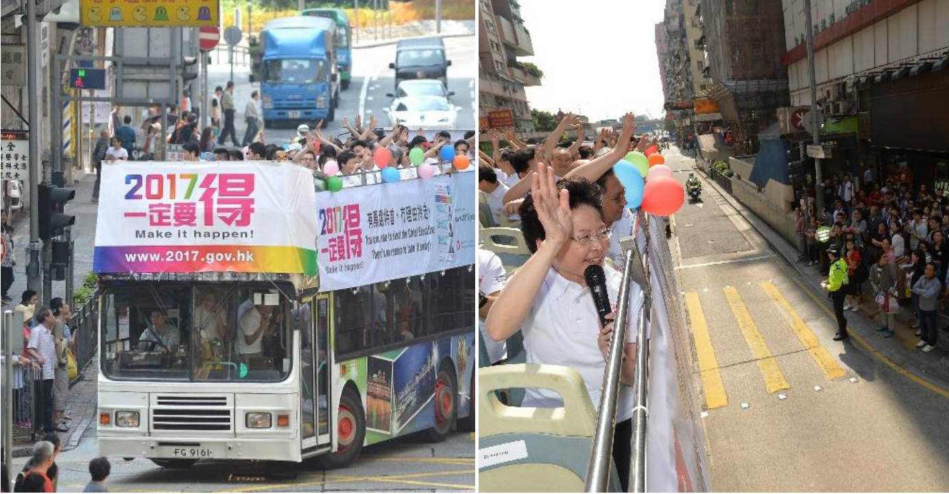 After protests emerged on the first day of the officials' public campaign, they decided to deliver their message from the safe distance of the top of a bus. Photo: HK Govt After protests emerged on the first day of the officials' public campaign, they decided to deliver their message from the safe distance of the top of a bus. Photo: HK Govt