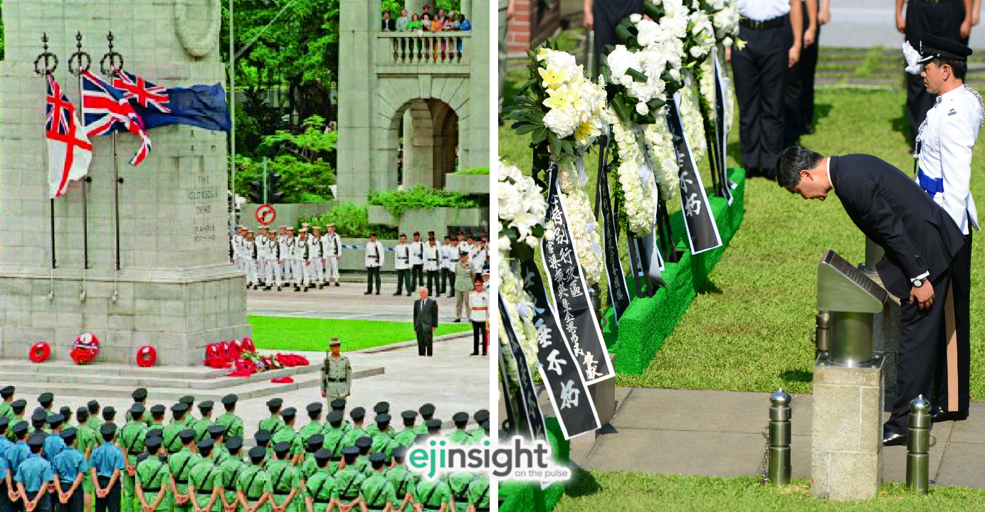 Former Hong Kong governor Chris Patten (left photo) attends a Liberation Day ceremony. Chief executive CY Leung pays tribute during the 69th anniversary of Japan's Sept. 3 surrender in World War II. Photos: Xinhua, Apple Daily Former Hong Kong governor Chris Patten (left photo) attends a Liberation Day ceremony. Chief executive CY Leung pays tribute during the 69th anniversary of Japan's Sept. 3 surrender in World War II. Photos: Xinhua, Apple Daily