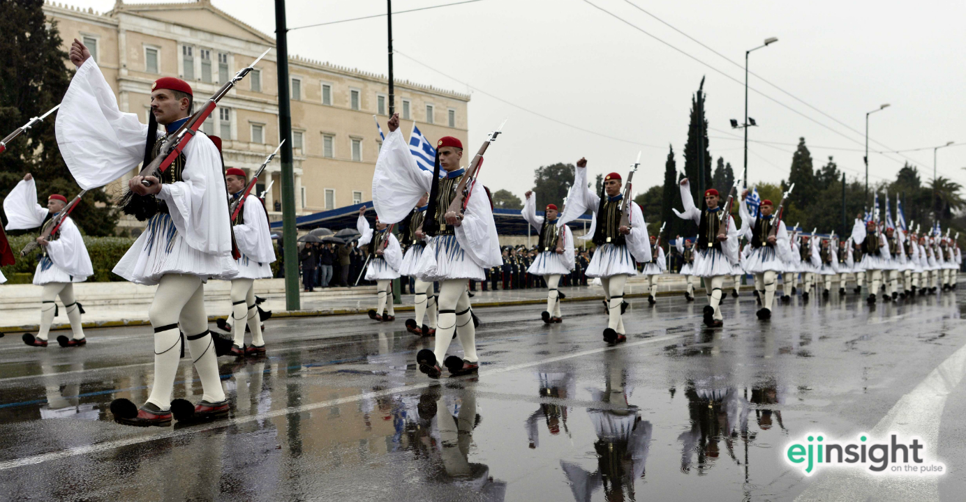 Greek presidential guards march in the center of Athens on Greece's Independence Day. Photo: AFP Greek presidential guards march in the center of Athens on Greece's Independence Day. Photo: AFP