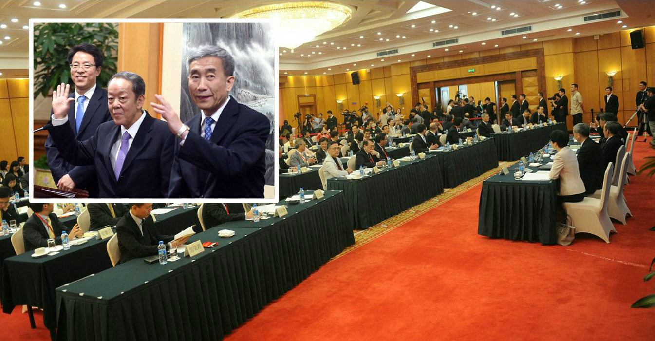 Li Fei (inset, from right), Wang Guangya and Zhang Xiaoming, attended the meetings in Shenzhen with Hong Kong legislators. Photos: CNSA Li Fei (inset, from right), Wang Guangya and Zhang Xiaoming, attended the meetings in Shenzhen with Hong Kong legislators. Photos: CNSA