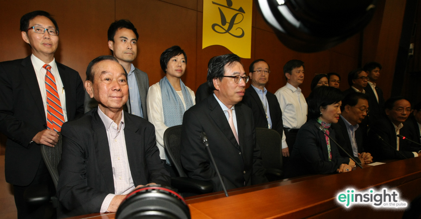 Lau Wong-fat (seated, left) joins fellow pro-establishment lawmakers as they try to explain why they were absent from the historic vote in Legco. Photo: HKEJ Lau Wong-fat (seated, left) joins fellow pro-establishment lawmakers as they try to explain why they were absent from the historic vote in Legco. Photo: HKEJ