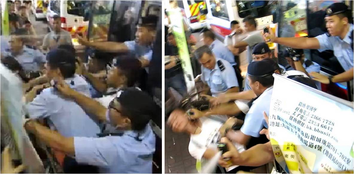 Police use pepper spray (left photo) and hit a woman in the head (right). Photo: Lostdutch/Youtube Police use pepper spray (left photo) and hit a woman in the head (right). Photo: Lostdutch/Youtube