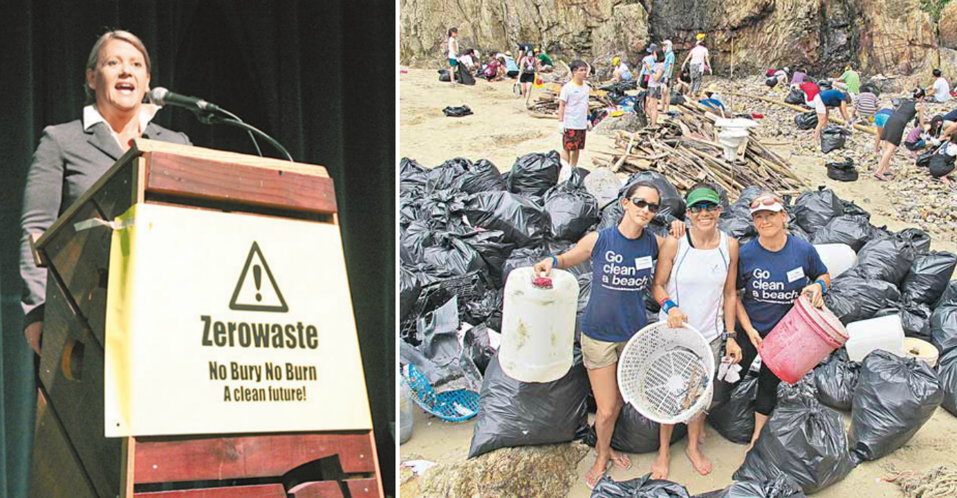 Lisa Christensen gives a speech on zero waste in San Francisco last year. A Hong Kong Ecovision cleanup campaign is shown in progress (right picture). Photos: HKEJ Lisa Christensen gives a speech on zero waste in San Francisco last year. A Hong Kong Ecovision cleanup campaign is shown in progress (right picture). Photos: HKEJ