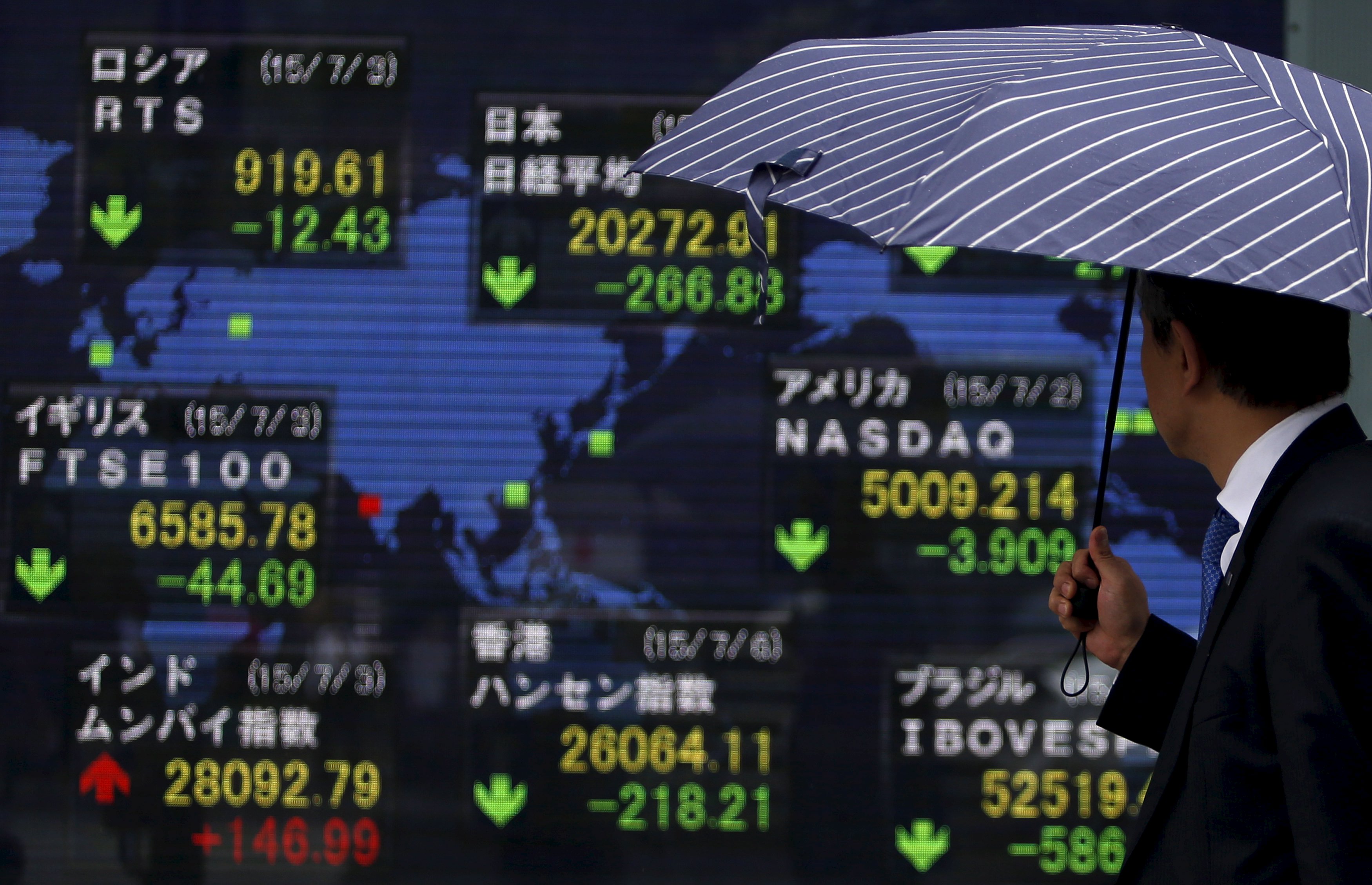 A pedestrian looks at a monitor in Tokyo which shows falling indices worldwide in the wake of Greece's rejection of more austerity in Sunday's referendum. Photo: Reuters A pedestrian looks at a monitor in Tokyo which shows falling indices worldwide in the wake of Greece's rejection of more austerity in Sunday's referendum. Photo: Reuters