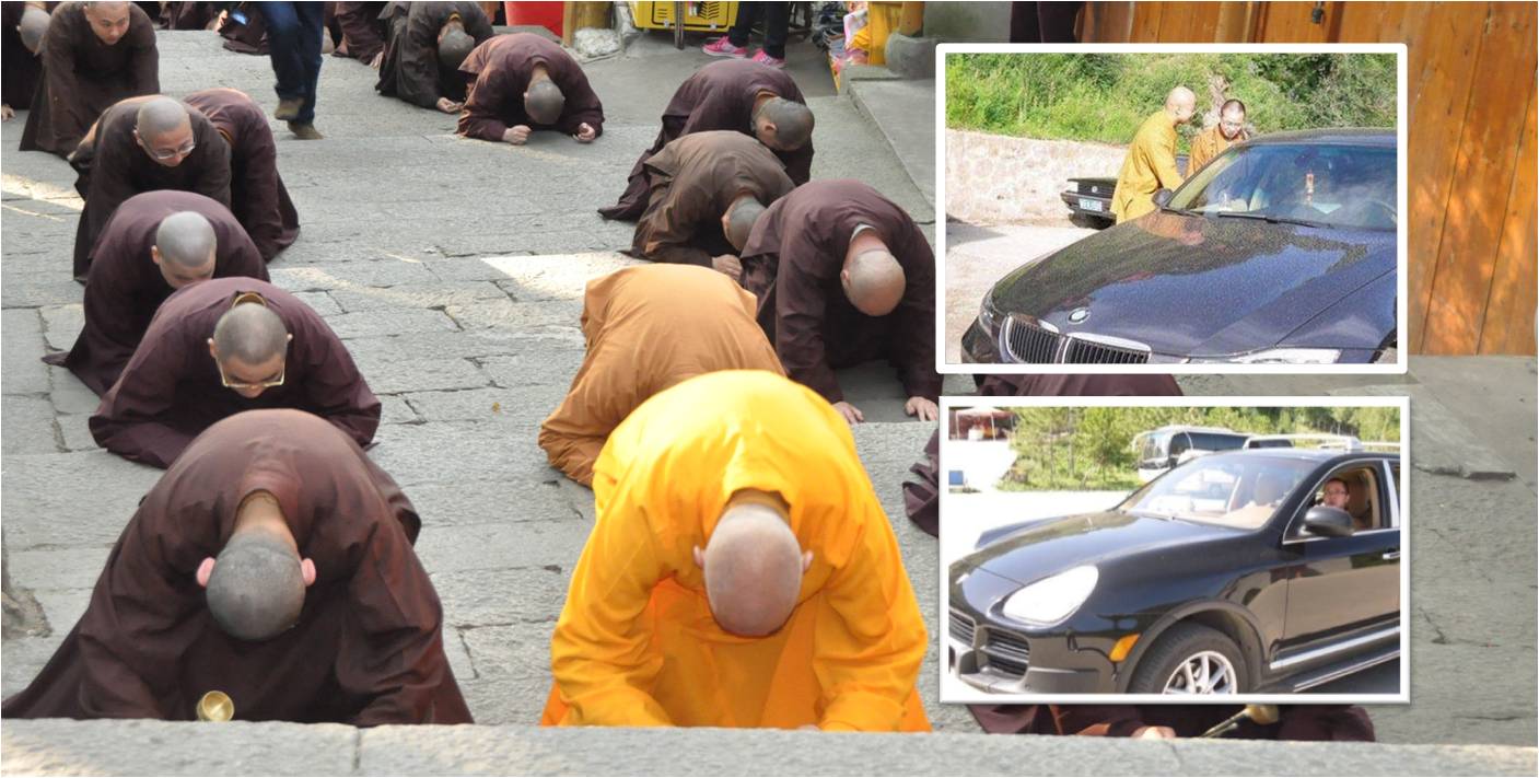 Despite their meager earnings reported in the survey, monks have been seen riding in a BMW and a Porsche (insets). Photos: CNSA, Baidu Despite their meager earnings reported in the survey, monks have been seen riding in a BMW and a Porsche (insets). Photos: CNSA, Baidu