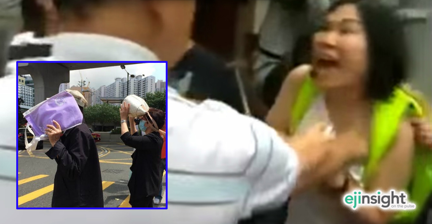The retired couple (inset) pleaded guilty to charges of assaulting a woman during an Occupy rally last year. Chan Nam-sing is seen attacking the 36-year-old woman. Photos: YouTube, RTHK The retired couple (inset) pleaded guilty to charges of assaulting a woman during an Occupy rally last year. Chan Nam-sing is seen attacking the 36-year-old woman. Photos: YouTube, RTHK