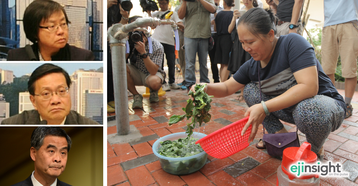 CY Leung, Anthony Cheung and Regina Ching (left photo, from bottom) have made it practically impossible for the public to trust the government over the lead contamination saga. Photo: HKEJ CY Leung, Anthony Cheung and Regina Ching (left photo, from bottom) have made it practically impossible for the public to trust the government over the lead contamination saga. Photo: HKEJ