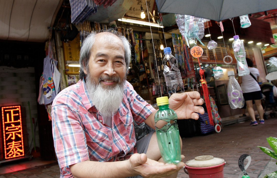 Yau loves creating knick-knacks like this one he fashioned out of a plastic soda bottle. Photo: HKEJ Yau loves creating knick-knacks like this one he fashioned out of a plastic soda bottle. Photo: HKEJ