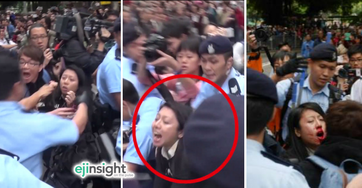 Lawyers for Ng Lai-ying cited video clips showing that the defendant had her nose broken after she was shoved by police officers. Photos: DBC, Inmediahk.com Lawyers for Ng Lai-ying cited video clips showing that the defendant had her nose broken after she was shoved by police officers. Photos: DBC, Inmediahk.com