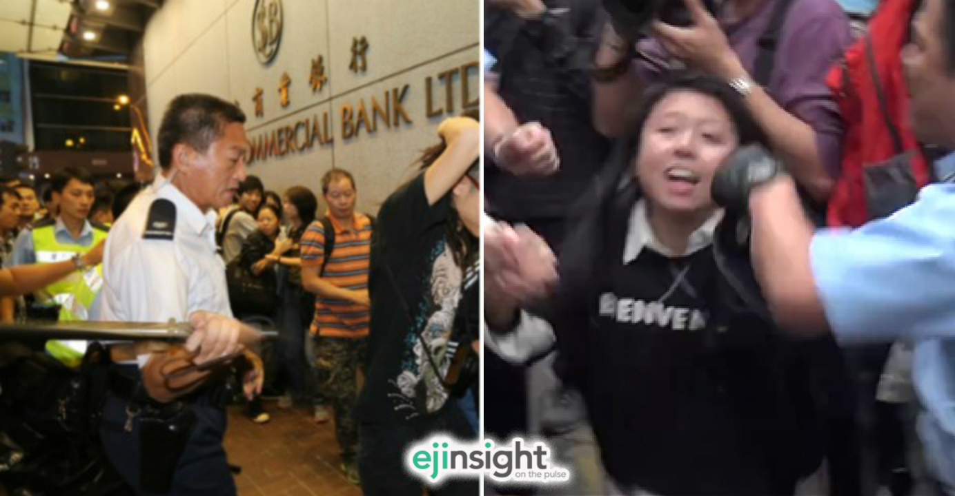 Ng Lai-ying (right) is shown being restrained by police officers earlier this year. Police commander Franklin Chu (left) said the baton is an extension of his arm. Photos: Apple Daily, Inmediahk Ng Lai-ying (right) is shown being restrained by police officers earlier this year. Police commander Franklin Chu (left) said the baton is an extension of his arm. Photos: Apple Daily, Inmediahk