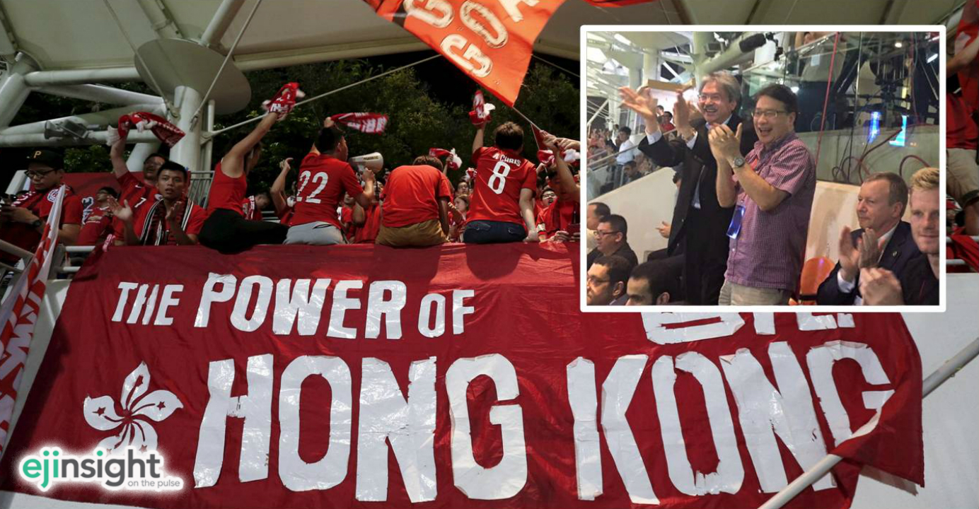 Financial Secretary John Tsang joins thousands of cheering Hong Kong fans at the Mongkok Stadium on Tuesday night. Photos: Reuters, Facebook Financial Secretary John Tsang joins thousands of cheering Hong Kong fans at the Mongkok Stadium on Tuesday night. Photos: Reuters, Facebook