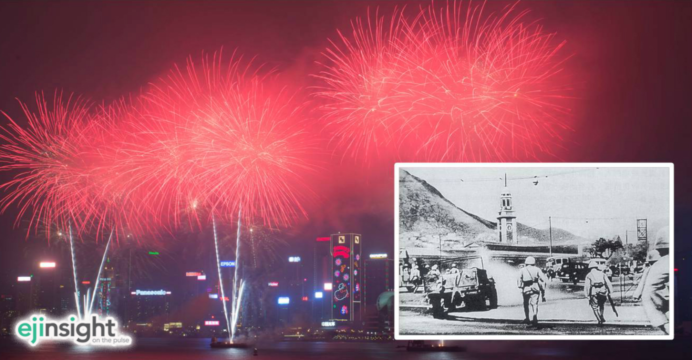 This year, the National Day fireworks will feature an evocation of the time Japanese troops invaded Hong Kong during WWII (inset). Photos: Xinhua, internet This year, the National Day fireworks will feature an evocation of the time Japanese troops invaded Hong Kong during WWII (inset). Photos: Xinhua, internet