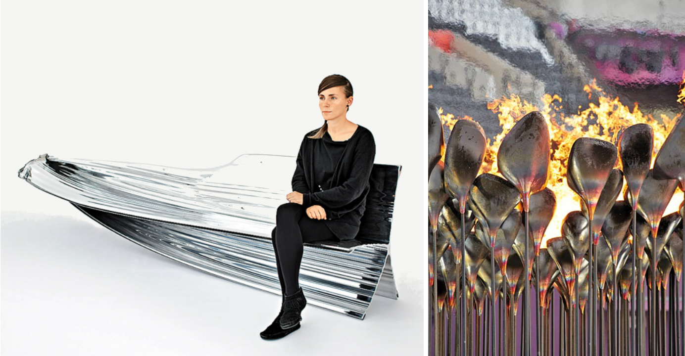 The aluminium bench (left) belongs to the Heatherwick Studio's Extrusions. The right photo shows the Olympic Cauldron for the 2012 London Olympic Games. Photos: Peter Mallet, Edmund Sumner The aluminium bench (left) belongs to the Heatherwick Studio's Extrusions. The right photo shows the Olympic Cauldron for the 2012 London Olympic Games. Photos: Peter Mallet, Edmund Sumner