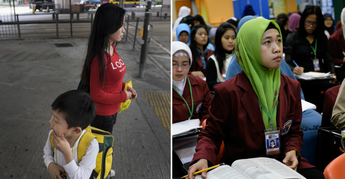 Indonesian domestic workers (R) attend a mathematics class in Sheung Wan on their day off. Okah (L) collects Fang Wai, the son of her employer from school. Indonesian domestic workers (R) attend a mathematics class in Sheung Wan on their day off. Okah (L) collects Fang Wai, the son of her employer from school.