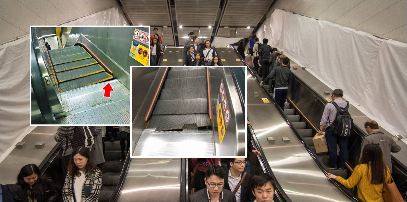 Damaged foot plates are shown in the Wong Tai Sin (inset left) and Quarry Bay (inset right) MTR stations. The accidents happened within days of each other. Photos: Bloomberg, Apple Daily, Facebook Damaged foot plates are shown in the Wong Tai Sin (inset left) and Quarry Bay (inset right) MTR stations. The accidents happened within days of each other. Photos: Bloomberg, Apple Daily, Facebook