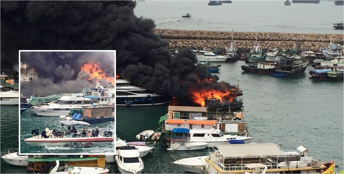 Chan's family escape on a speedboat with their pets (inset) after a fire broke out at the Shau Kei Wan typhoon shelter Sunday. Photos: RTHK, internet Chan's family escape on a speedboat with their pets (inset) after a fire broke out at the Shau Kei Wan typhoon shelter Sunday. Photos: RTHK, internet