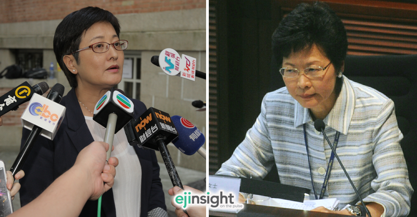 Helena Wong (left) was concerned when Carrie Lam asked her to name the lab that had tested water samples for the Democrats. Photos: HKEJ, CNSA Helena Wong (left) was concerned when Carrie Lam asked her to name the lab that had tested water samples for the Democrats. Photos: HKEJ, CNSA