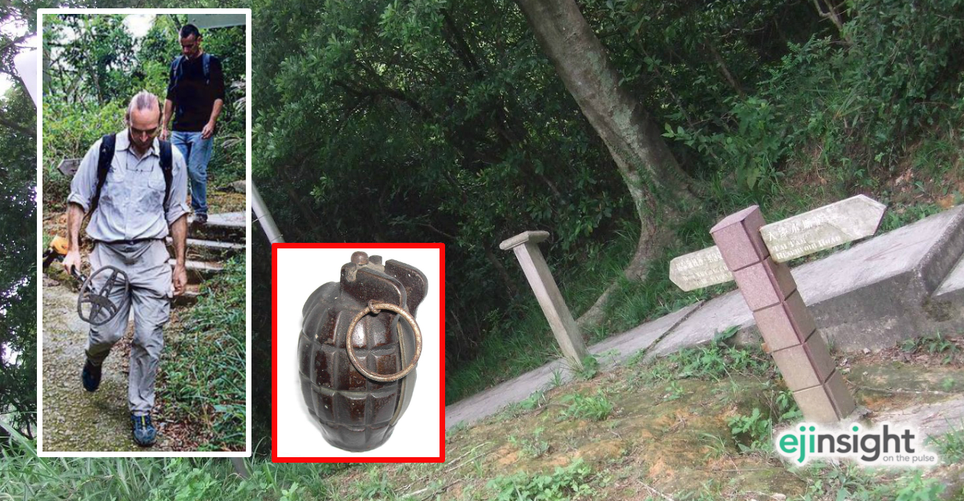 Armed with a metal detector, the two war relic hunters (left inset) discovered a WWII British grenade on the trail they were hiking. Photos: Ming Pao, Wikipedia and lawrencehiking.blogspot.hk Armed with a metal detector, the two war relic hunters (left inset) discovered a WWII British grenade on the trail they were hiking. Photos: Ming Pao, Wikipedia and lawrencehiking.blogspot.hk