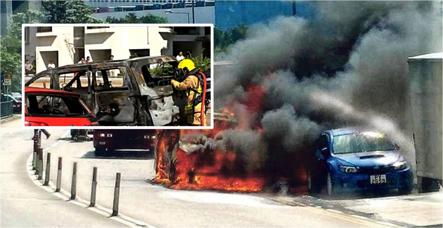 A fireman inspects the shell of a Toyata Alphard (inset) after it burst into flames in Chai Wan district on Wednesday. Photos: Ming Pao, Apple Daily A fireman inspects the shell of a Toyata Alphard (inset) after it burst into flames in Chai Wan district on Wednesday. Photos: Ming Pao, Apple Daily