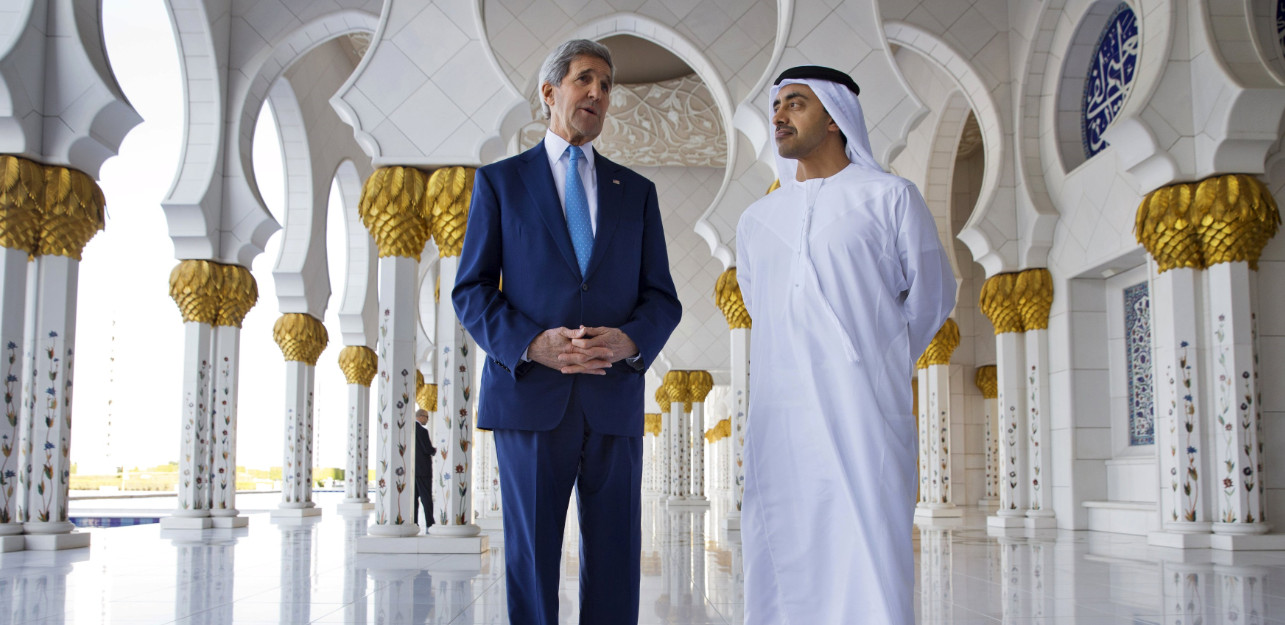US Secretary of State John Kerry (left) speaks with UAE Foreign Minister Sheikh Abdullah bin Zayed Al Nahyan in Abu Dhabi. Kerry held talks with senior Emirati and Saudi officials on the Syrian crisis and Islamic State. Photo: Reuters US Secretary of State John Kerry (left) speaks with UAE Foreign Minister Sheikh Abdullah bin Zayed Al Nahyan in Abu Dhabi. Kerry held talks with senior Emirati and Saudi officials on the Syrian crisis and Islamic State. Photo: Reuters