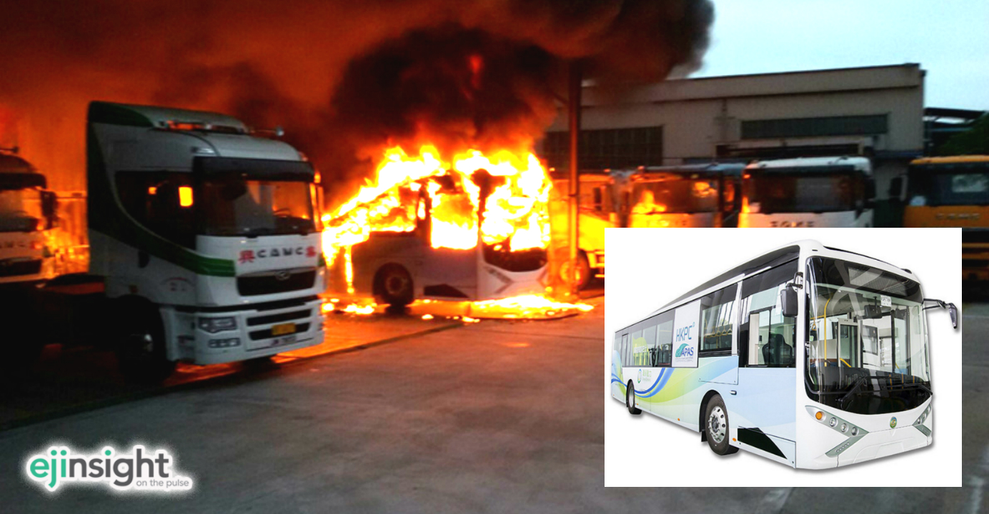 The electric bus catches fire apparently by itself while parked near the Yuen Long Industrial Estate on Sunday. Photos: Reader Mr. Yeung (Ming Pao), Productivity Council The electric bus catches fire apparently by itself while parked near the Yuen Long Industrial Estate on Sunday. Photos: Reader Mr. Yeung (Ming Pao), Productivity Council