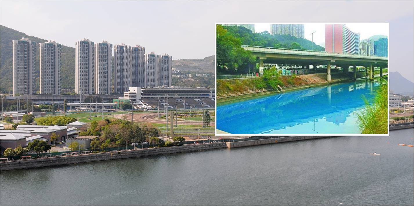 A section of the Shing Mun River near Fo Tan has turned bright blue (inset). Photos: HKEJ, Apple Daily A section of the Shing Mun River near Fo Tan has turned bright blue (inset). Photos: HKEJ, Apple Daily