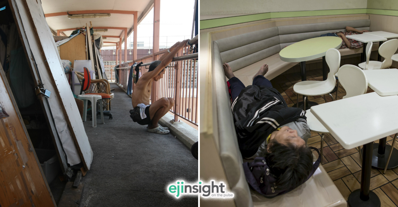 A man exercises on a footbridge he calls home. At right, a homeless person sleeps on a bench in a 24-hour fast-food shop. Photos: HKEJ, Reuters A man exercises on a footbridge he calls home. At right, a homeless person sleeps on a bench in a 24-hour fast-food shop. Photos: HKEJ, Reuters