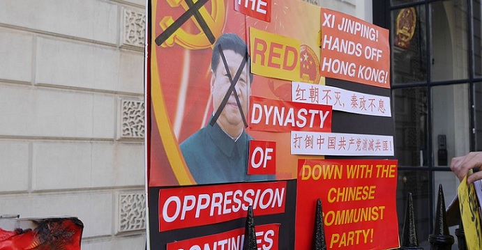 Banners opposing Communist Party rule in China are displayed outside the Chinese embassy in London. Photo: Chris McKenna/Wikicommons Banners opposing Communist Party rule in China are displayed outside the Chinese embassy in London. Photo: Chris McKenna/Wikicommons