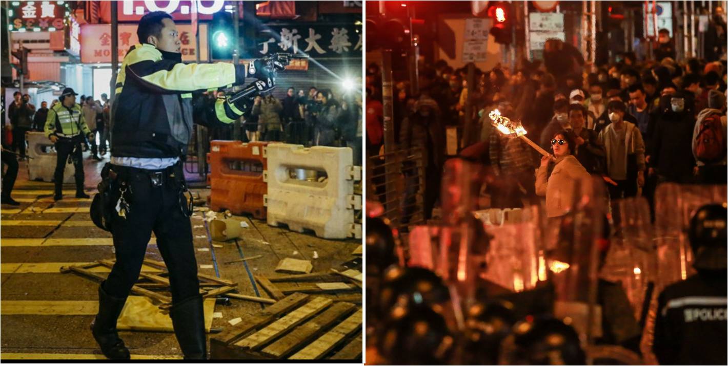 A police officer (left) fires two gunshots into the air and points his weapon at protesters, who throw bricks and set fires. Photos: HK01.com, Bloomberg A police officer (left) fires two gunshots into the air and points his weapon at protesters, who throw bricks and set fires. Photos: HK01.com, Bloomberg