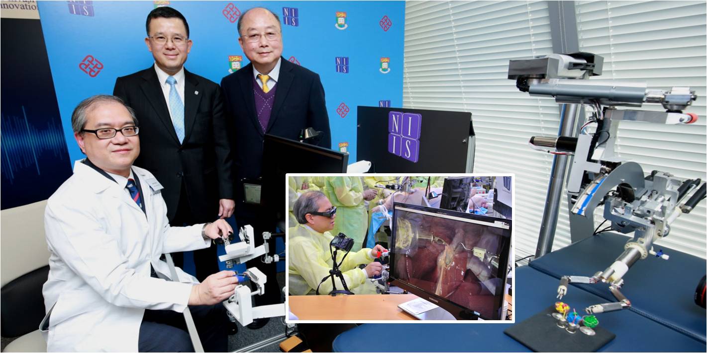 (From left) Law Wai-Lun, Yeung Chung-Kwong and Yung Kai-Leung unveil the surgical robotic system after testing it successfully (inset) on live pigs. Photos: HKU (From left) Law Wai-Lun, Yeung Chung-Kwong and Yung Kai-Leung unveil the surgical robotic system after testing it successfully (inset) on live pigs. Photos: HKU