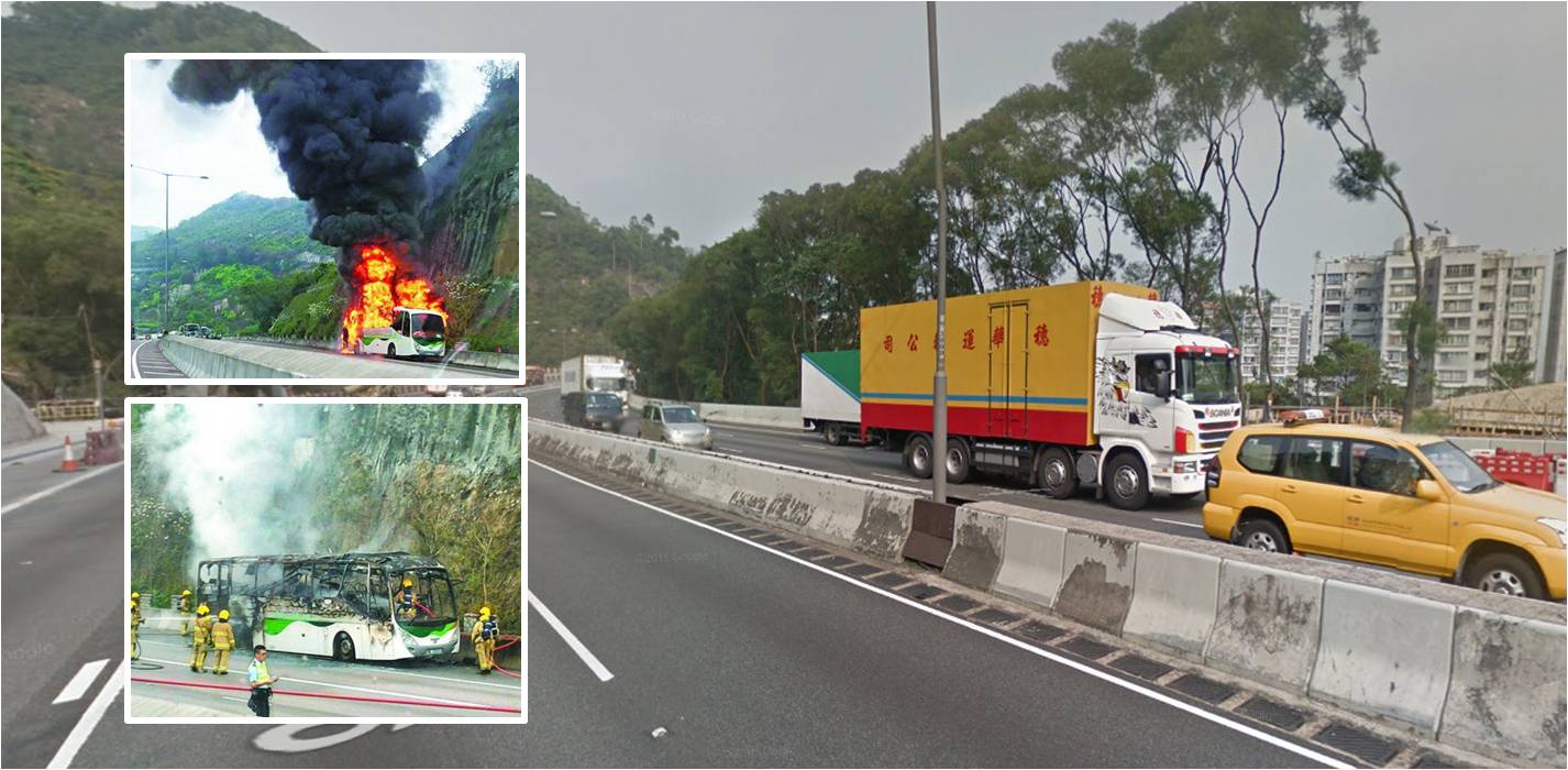 Passengers had a lucky escape after a bus caught fire on Tuen Mun Road Monday morning. Photos: Google Maps, Apple Daily Passengers had a lucky escape after a bus caught fire on Tuen Mun Road Monday morning. Photos: Google Maps, Apple Daily