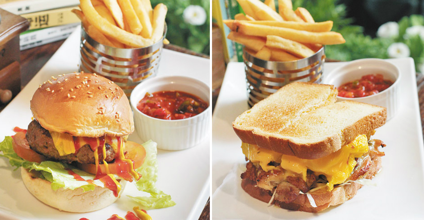 Manna's signature dishes: Angus burger (left) and Korean-style honey toast (right). Photo: HKEJ Manna's signature dishes: Angus burger (left) and Korean-style honey toast (right). Photo: HKEJ