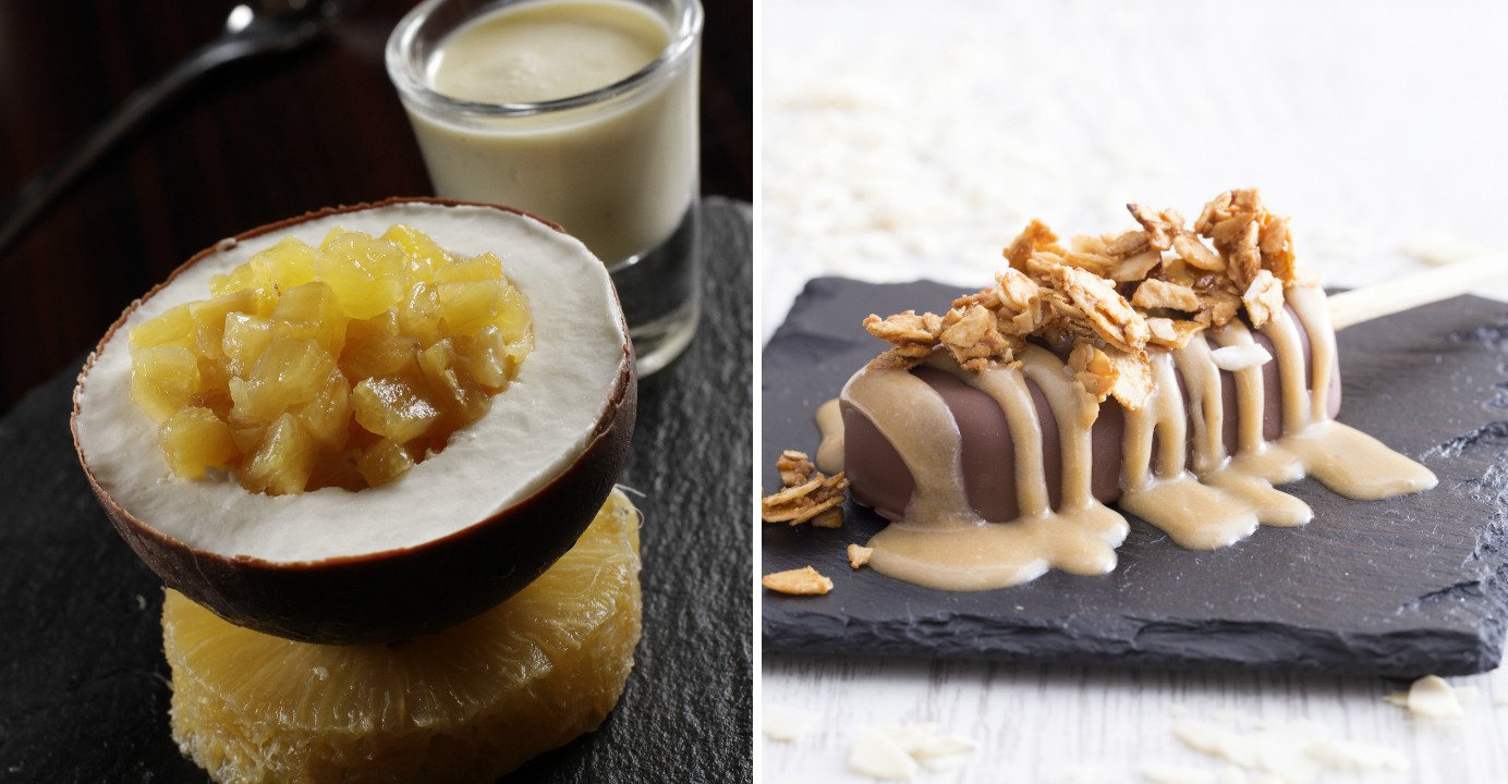 The desserts: Piña colada (left) and caramel panacotta with caramelized almonds. Photos: HKEJ The desserts: Piña colada (left) and caramel panacotta with caramelized almonds. Photos: HKEJ