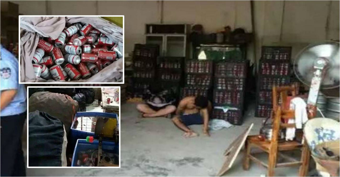 Police seized used beer cans and crates of fake beer products, some soaked in buckets of dirty water, at a residential unit in Guangzhou. Photos: Sohu.com, Baidu Police seized used beer cans and crates of fake beer products, some soaked in buckets of dirty water, at a residential unit in Guangzhou. Photos: Sohu.com, Baidu