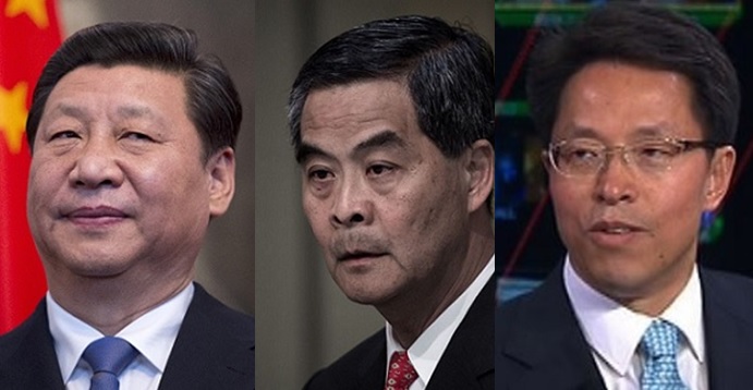 Biejing's policy blunders in Hong Kong has led to calls for independence in the territory. Xi Jinping (left), seeing the humiliation, may pass the blame to Leung Chun-ying (center) and Liaison Office chief Zhang Xiaoming. Photos: AFP, HKEJ Biejing's policy blunders in Hong Kong has led to calls for independence in the territory. Xi Jinping (left), seeing the humiliation, may pass the blame to Leung Chun-ying (center) and Liaison Office chief Zhang Xiaoming. Photos: AFP, HKEJ