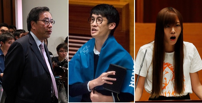 New Legco president Andrew Leung (left) is likely to have a hard time in the next four years working with localist lawmakers like Sixtus Leung (center) and Yau Wai-ching. Photos: HKEJ, Bloomberg, Reuters New Legco president Andrew Leung (left) is likely to have a hard time in the next four years working with localist lawmakers like Sixtus Leung (center) and Yau Wai-ching. Photos: HKEJ, Bloomberg, Reuters