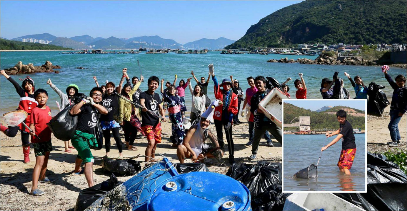 Hiromasa Suzuki (inset) leads a group of Japanese volunteers to help clean up Hong Kong beaches. Photo: Facebook/ Hiromasa Suzuki Hiromasa Suzuki (inset) leads a group of Japanese volunteers to help clean up Hong Kong beaches. Photo: Facebook/ Hiromasa Suzuki