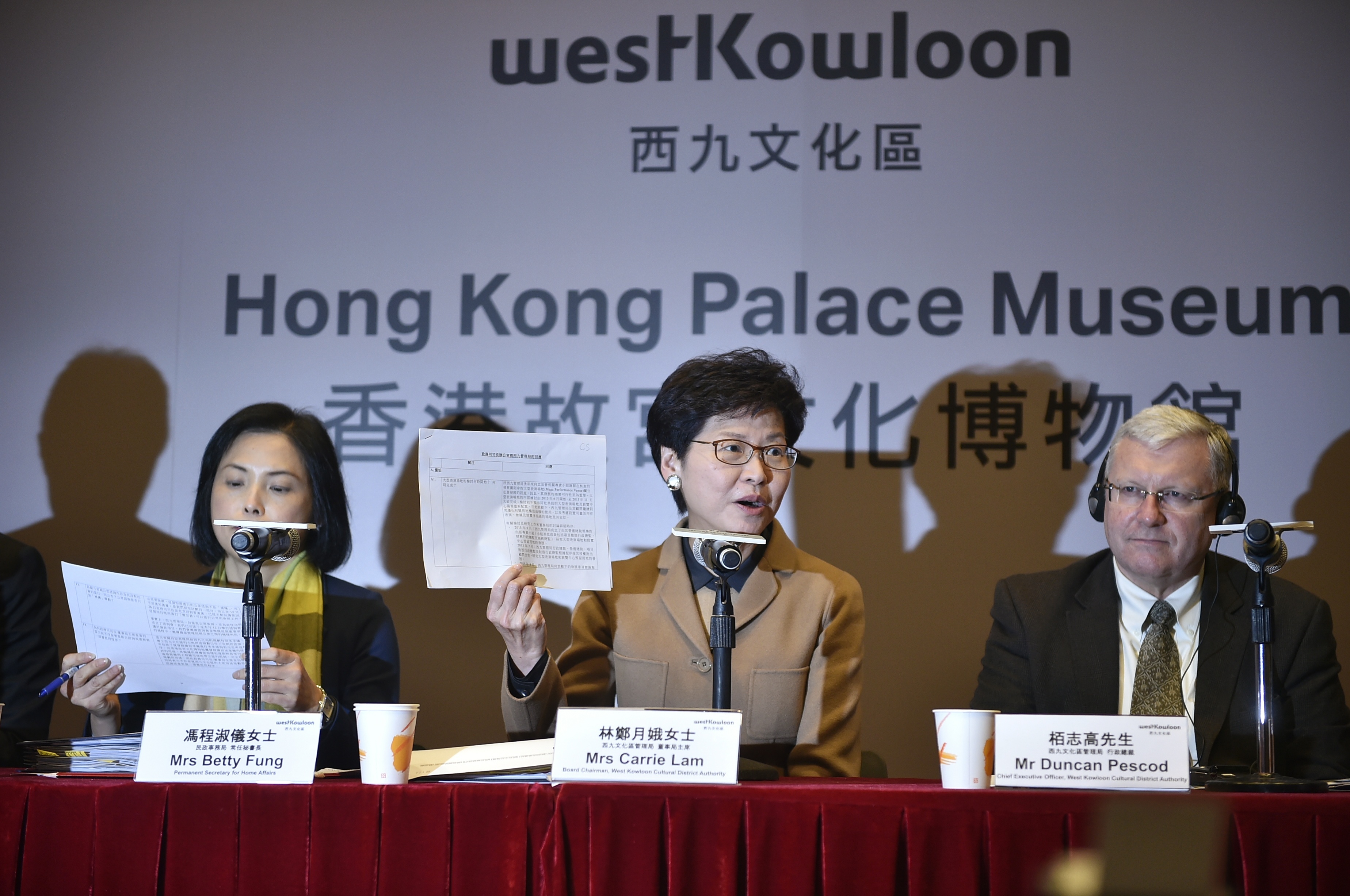 Carrie Lam (center) defends her handling of the Hong Kong Palace Museum project at a recent press conference. Photo: Xinhua Carrie Lam (center) defends her handling of the Hong Kong Palace Museum project at a recent press conference. Photo: Xinhua
