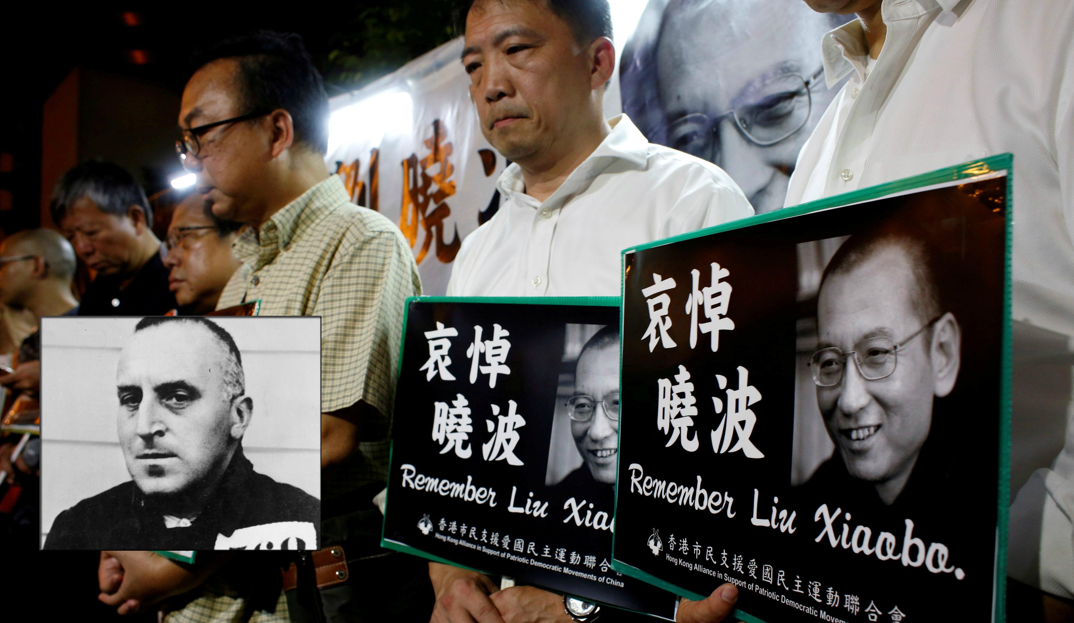 Pro-democracy activists mourn Liu Xiaobo's death outside Beijing's Liaison Office in Hong Kong; inset: Carl von Ossietzky. Photo: Reuters/Wikipedia Pro-democracy activists mourn Liu Xiaobo's death outside Beijing's Liaison Office in Hong Kong; inset: Carl von Ossietzky. Photo: Reuters/Wikipedia